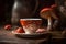 hot fly agaric tea in a red cup, a mystical Halloween atmosphere. Generative AI