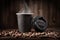 Hot Fresh Brewed Flavored Coffee. Steaming Hot Drink. On Vintage Wooden Background