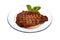 Hot fresh grilled boneless rib eye steak isolated on white with barbecue grill marks in the meat