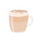 Hot fresh macchiato in transparent glass mug. Cup of milk coffee with vanilla syrup and caramel sauce on top. Colored