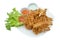 Hot fried crispy fairy mushrooms and lettuce die cut on white isolated