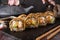 Hot fried Sushi Roll with shrimp, cucumber and unagi sauce.