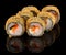 Hot Fried Uramaki Sushi roll with shrimp, omelet, cheese and tobiko caviar isolated on black background with reflection