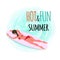 Hot and Fun Summer Emblem, Woman Swimming on Board