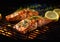 Hot grill with salmon fillets with herbs and lemon.Macro.AI Generative