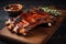 Hot grilled spare ribs with barbecue sauce on cutting board and black background. AI generative