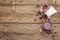 Hot hibiscus tea. Dry petals, linen sacks. Healthy food and self-care concept. Old wooden boards backgrounds