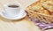 Hot homemade croissants in wicker basket on a wooden table