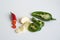 Hot ingredients for cooking - birdseye chilli, garlic, jalapeno