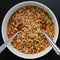 Hot instant noodles tasty spicy in a bowl