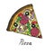 Hot Italian pizza slice with salami, rucola, tomatoes, onion, olives and cheese