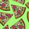 Hot Italian pizza slice with salami, rucola, tomatoes, onion, olives and cheese, hand drawn doodle, sketch in pop art style