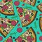 Hot Italian pizza slice with salami, rucola, tomatoes, onion, olives and cheese, hand drawn doodle, sketch in pop art style