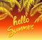 Hot label with yellow hello summer lettering and fan-leaved palm branches for t shirt, summery party poster, bag print