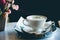 Hot matcha green tea latte japanese style with milk froth in the