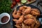 Hot Meat Dishes - Fried Chicken Wings on plate with salad