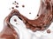 Hot melted chocolate and milk shake, sauce or syrup, pouring chocolate wave or flow splash, cocoa drink or milkshake, swirl