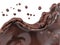 Hot melted dark chocolate sauce or syrup, pouring chocolate wave or flow splash, cocoa drink or cream, abstract dessert background