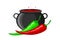 Hot mexican peppers. Green and red peppers on the background of a cauldron with hot simmering Mexican dish. Vector