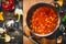 Hot Mexican spicy soup in cooking pot with ladle on rustic kitchen table background