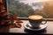 a hot mug of coffee overlooking the autumn landscape outside the window. ai generative