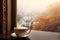 a hot mug of coffee overlooking the autumn landscape outside the window. ai generative