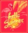 Hot pink banner with hello summer lettering, sun, yellow palm leaves and flamingo. Art deco style