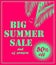 Hot pink neon flyer with mint color big summer sale lettering, palm leaves and seagull. Art deco style