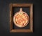 Hot pizza slice with melting cheese with frame concept close up photo