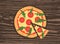 Hot pizza slice with melting cheese on a rustic wooden background. Vector illustration of margherita. Top view
