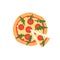 Hot pizza slice with melting cheese on white. Vector illustration of margherita. Top view