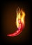 Hot red chili peppers and flames on dark background