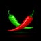 Hot red and green mexican peppers with reflection, isolated on black background. Vector square orientation