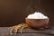 Hot rice in wooden bowl