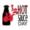 Hot Sauce Day, silhouette of a bottle with sauce and a red symbol of fire, themed inscription