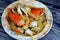 Hot soup meal of various fresh seafood marine crabs, shrimps, clams, mussels, gandofli, oysters, crab sticks, calamari, squid and