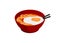 Hot soup noodle in a bowl with fried egg topping. Simple flat illustration.
