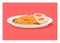 Hot soup noodle on a plate with boiled egg topping. Simple flat illustration.