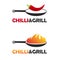 Hot and spicy chinese food logo set with two black pans. Pan with fire and pan with chili pepper.