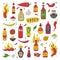 Hot and Spicy Mustard and Chili Sauce in Plastic Bottle with Ingredient Vector Set