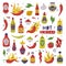 Hot and Spicy Mustard and Chili Sauce in Plastic Bottle with Ingredient Vector Set