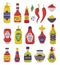 Hot and Spicy Mustard and Chili Sauce in Plastic Bottle with Label Vector Set