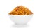 Hot spicy Nav Ratan snacks in a white Ceramic bowl, made with red chili, peanuts, corn flakes