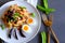A hot and spicy Thai wings bean salad with prawns and soft boiled eggs.