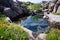a hot spring surrounded by wildflowers and rugged boulders