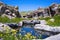 a hot spring surrounded by wildflowers and rugged boulders