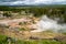 Hot springs and geysers including Blood Geyser along the Artists Paint Pots trail in Yellowstone National Park Wyoming