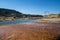 Hot Springs State Park in Thermopolis, Wyoming, showing the mineral terraces and swinging bridge