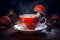 hot steaming fly agaric tea in a red cup, a mystical Halloween atmosphere. Generative AI