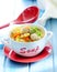 Hot and steamy vegetable and fish soup with fish balls.